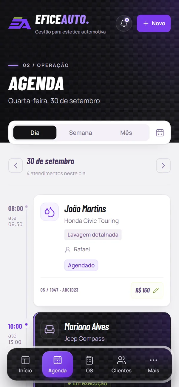 Tela da agenda da EficeAuto no celular, com os atendimentos do dia